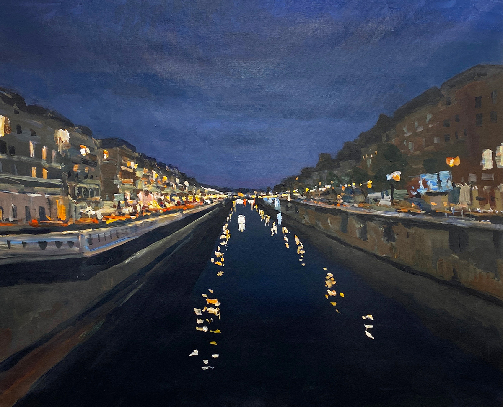 Stéphane Olivier - Painting - Canal BXL, soir